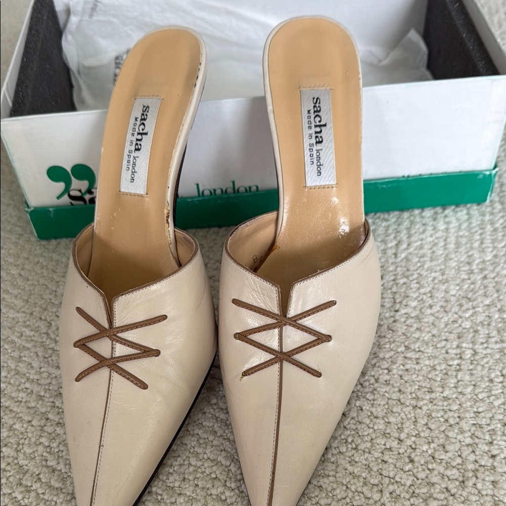 Sacha London Cream and Brown Mules with Pointed Toe